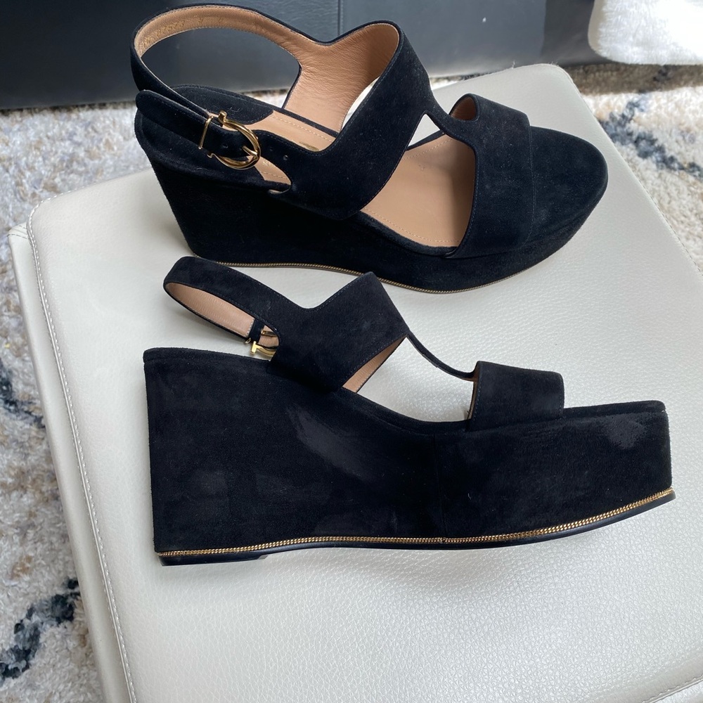 Salvatore Ferragamo Black Suede Platform Wedges Sandals size 9B